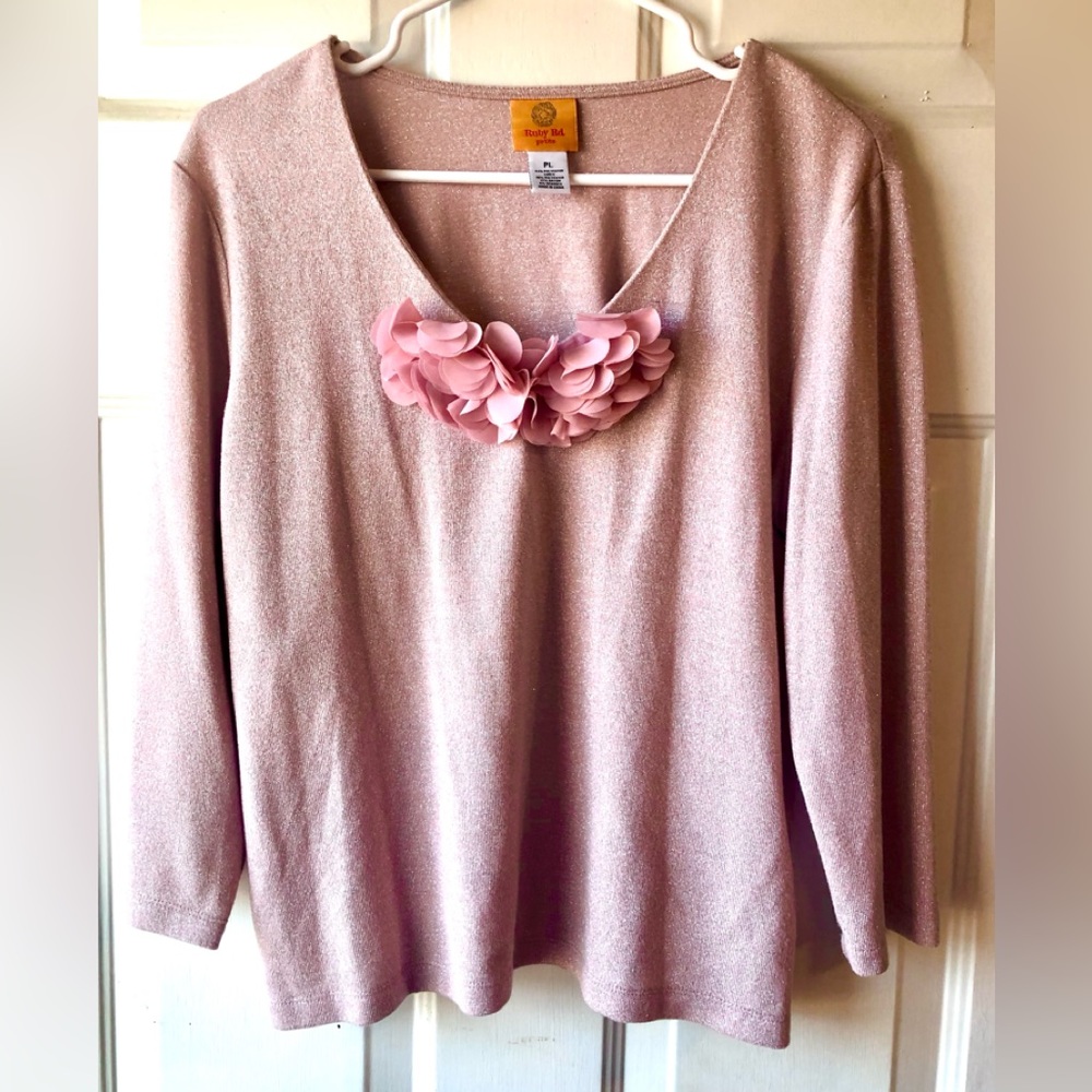Ruby Rd Rose Pink Silver Shimmer Flutter Floral Beaded Neck Sweater Petite Large
